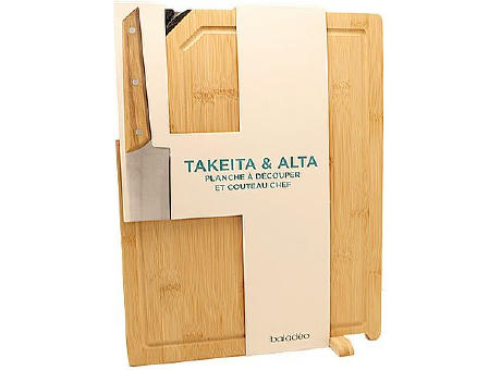 Schneidebrett aus Bambus mit Schleifer 'Takeita' und Chef Messer 'Alta' Werbeartikel