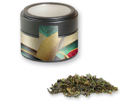Product image Grüner Tee mit Minze, ca. 18g, Metalldose Mini mit Sichtfenster schwarz Werbeartikel
