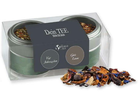 Product image Verschiedene Teesorten, , ca. 30-70g, Metalldose Mini mit Sichtfenster im 2er Set Werbeartikel