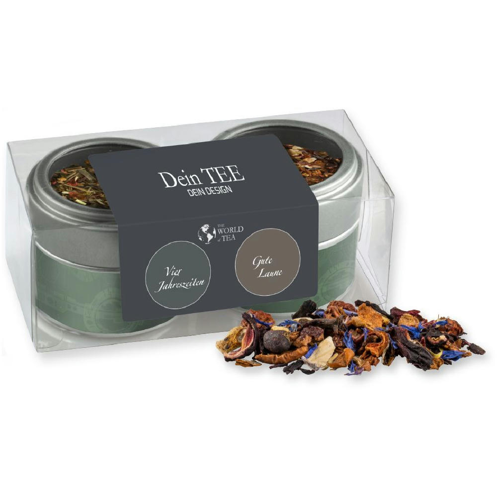 Product image Verschiedene Teesorten, , ca. 30-70g, Metalldose Mini mit Sichtfenster im 2er Set Werbeartikel