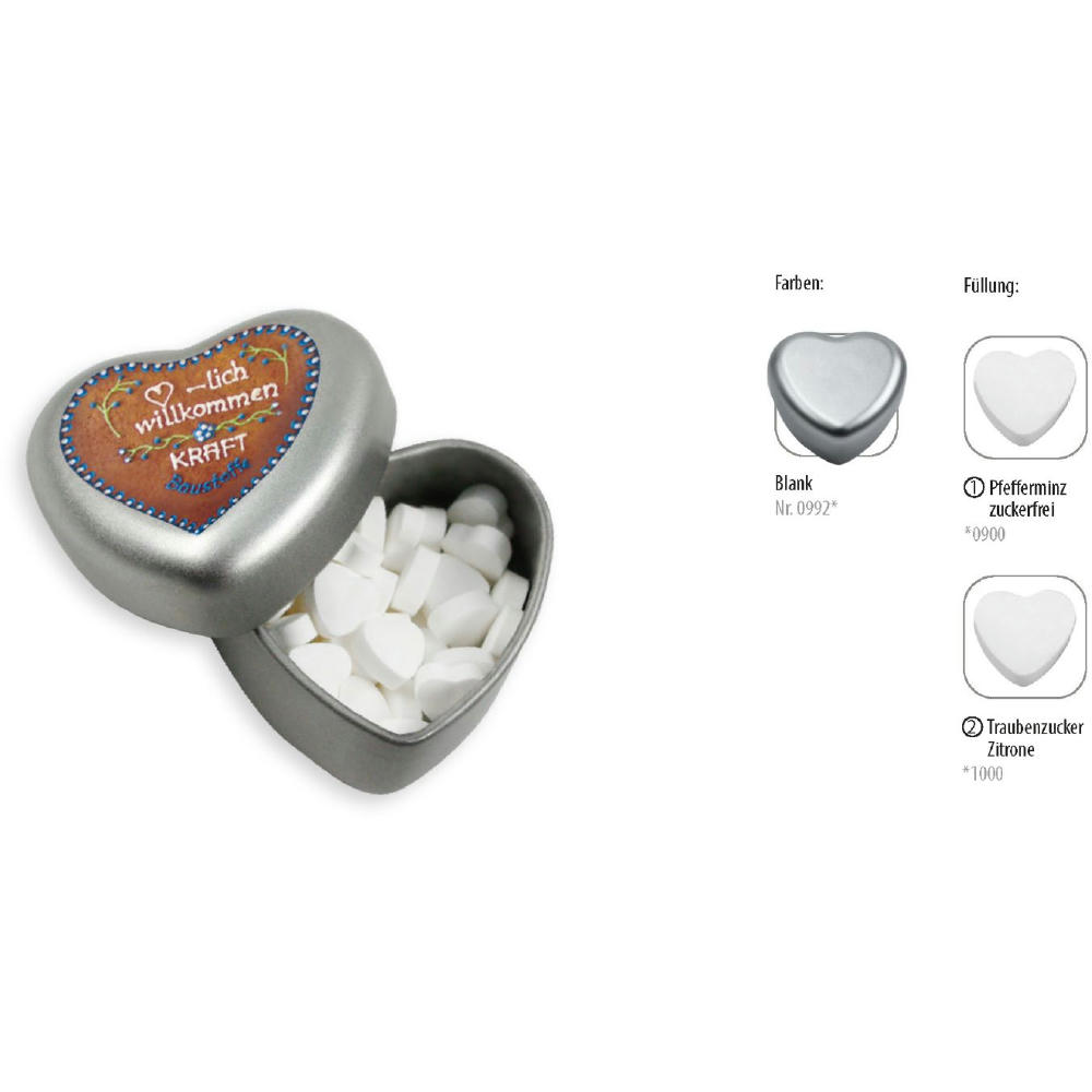 Herzdose, blank 18 g, Inhalt: Traubenzucker Herzen Zitrone Werbeartikel