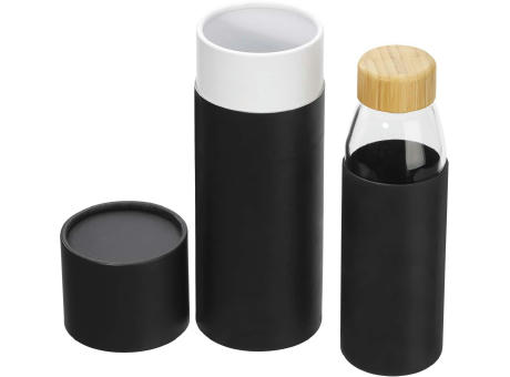 Product image Hitzebeständige Glas-Trinkflasche 0,5 l mit Bambusdeckel, Silikonmanschette und Geschenkbox bedrucken