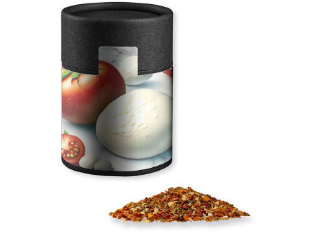 Product image Gewürzmischung Tomate-Mozzarella, ca. 50g, Kraftpapierdose Midi schwarz Werbeartikel