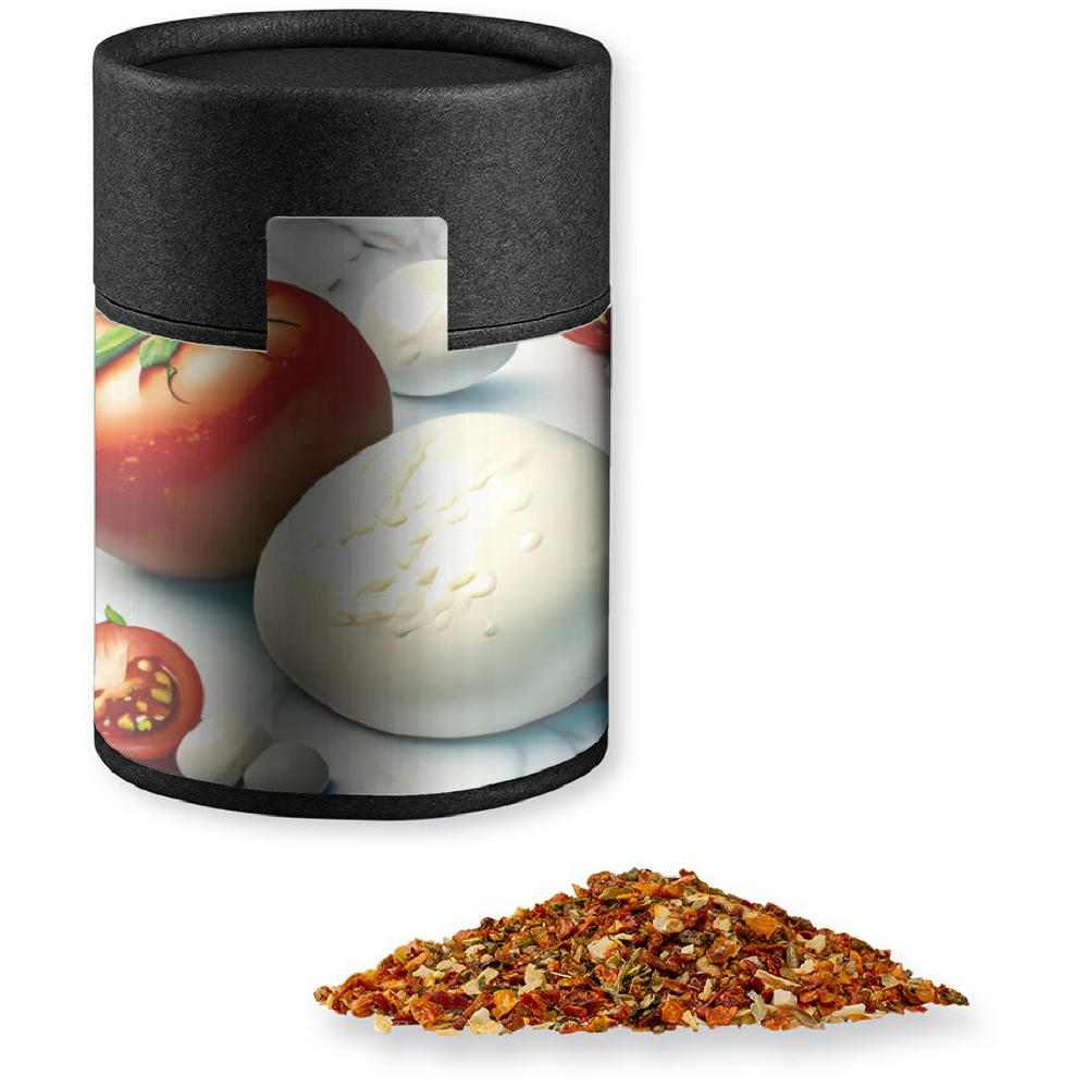 Product image Gewürzmischung Tomate-Mozzarella, ca. 50g, Kraftpapierdose Midi schwarz Werbeartikel