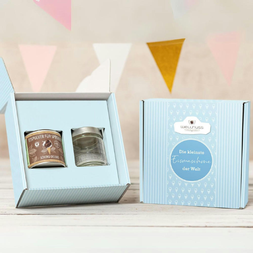 Product image Eismixglas und Eispulver im bedruckten Geschenkkarton Werbeartikel