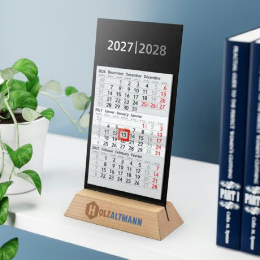 Tischkalender Desktop Wood 3 Holzaufsteller Karton-Rückwand schwarz Werbeartikel