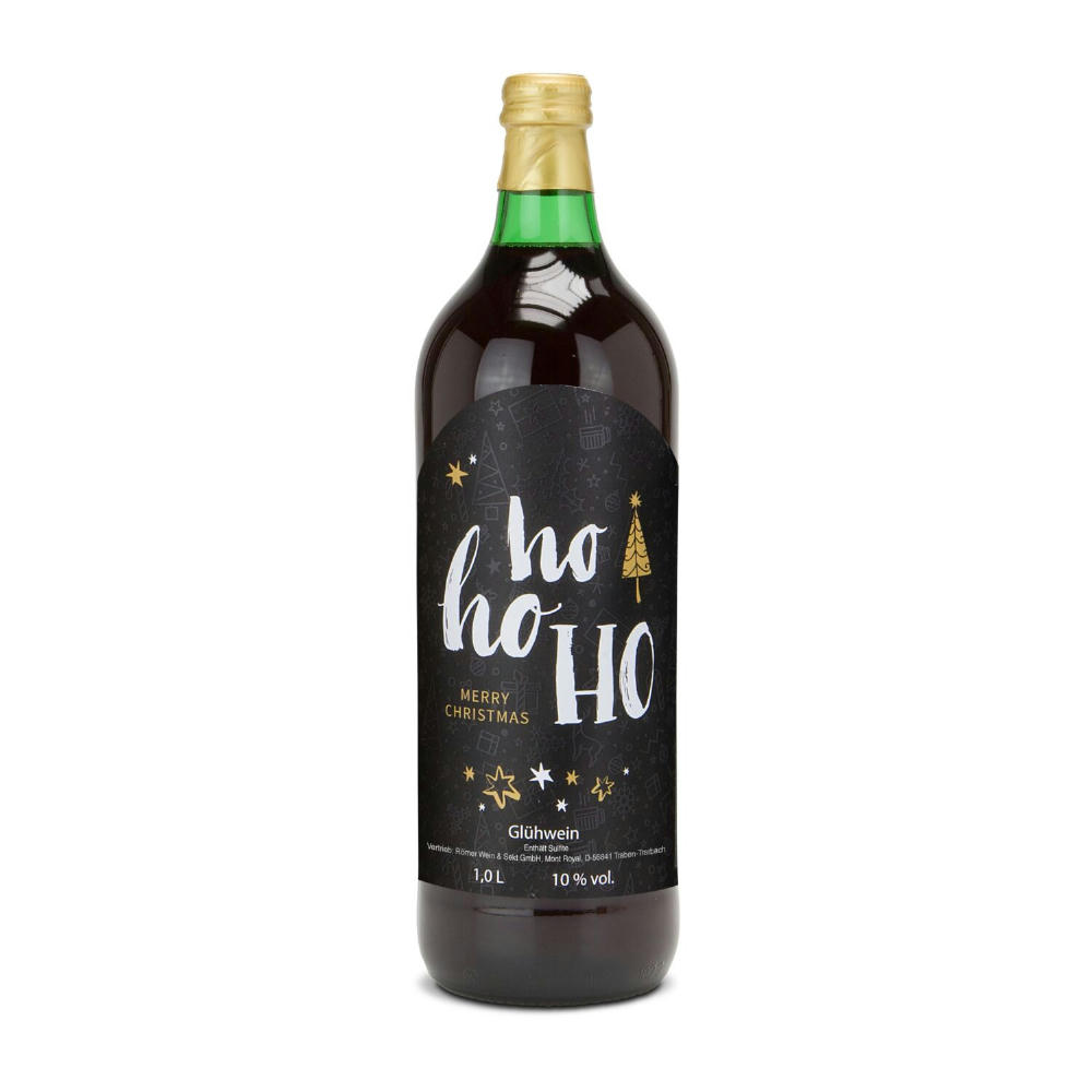 Product image Glühwein - Flasche grün, mit Schraubverschluss, 1 l - Motiv: HOHOHO Werbeartikel