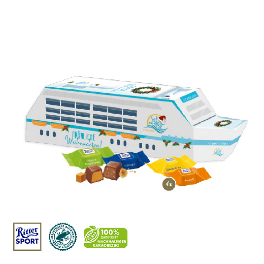 3D Präsent "Schiff" mit Ritter SPORT Schokowürfel Werbeartikel