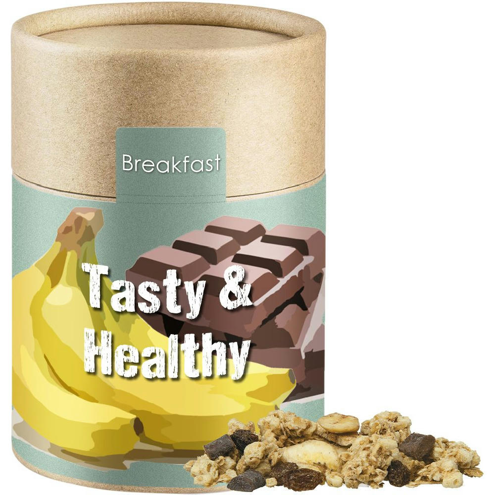 Product image Müsli Knusper Banane-Schoko, ca. 70g, Kraftpapierdose Midi Werbeartikel