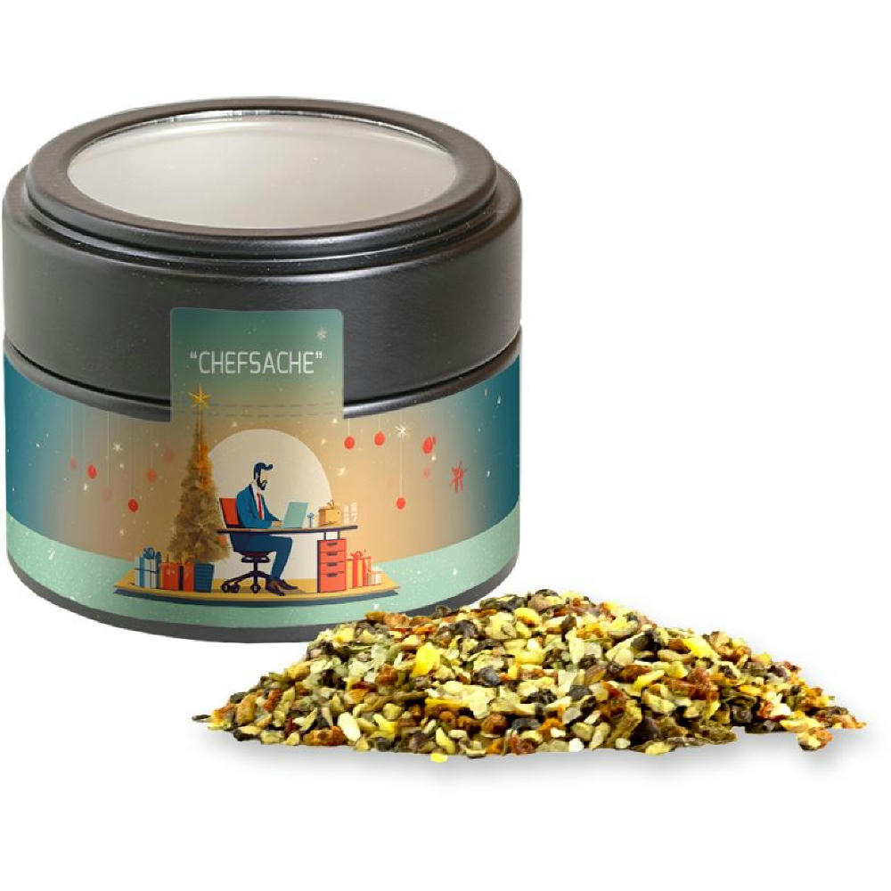 Product image Weihnachts Gewürzmischung Chefsache, ca. 50g, Metalldose Mini mit Sichtfenster schwarz Werbeartikel