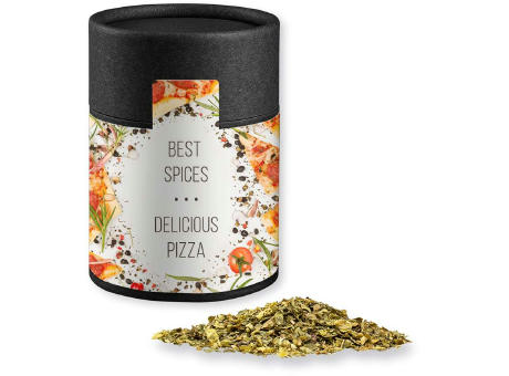 Gewürzmischung Pizza-Kräuter, ca. 25g, Kraftpapierdose Midi schwarz Werbeartikel