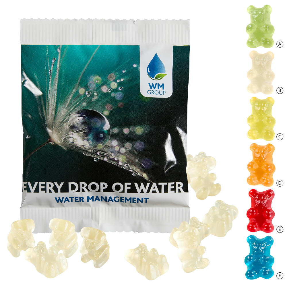 Product image Unifarbene Premium-Bärchen, 20 g im kompostierbaren Tütchen Werbeartikel