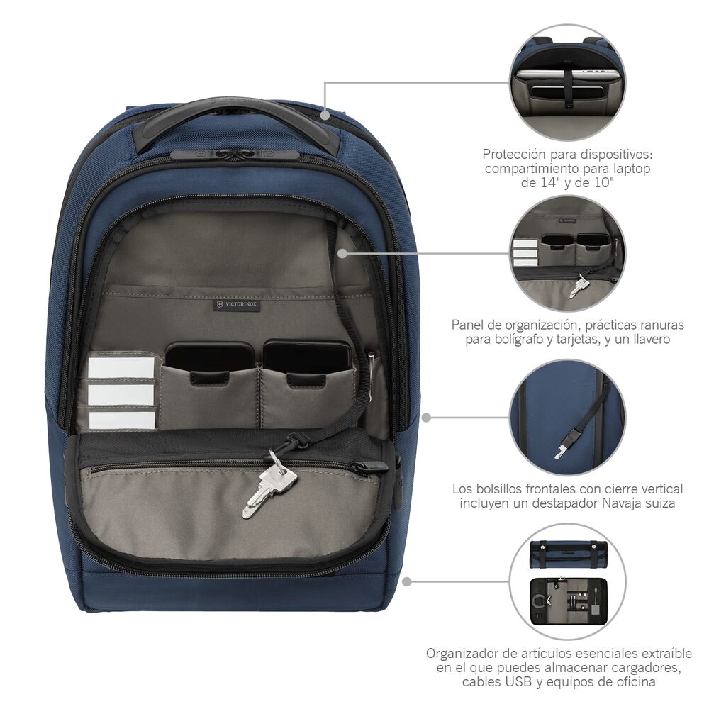 Victorinox Altmont Professional Compact Laptop Backpack Infografik mit Detailansichten, funktionaler Business Rucksack mit Laptopfach, Organizer, hochwertigen Reißverschlüssen und komfortablem Tragesystem.