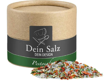 Pestosalz, ca. 40g, Kraftpapierdose Mini Werbeartikel