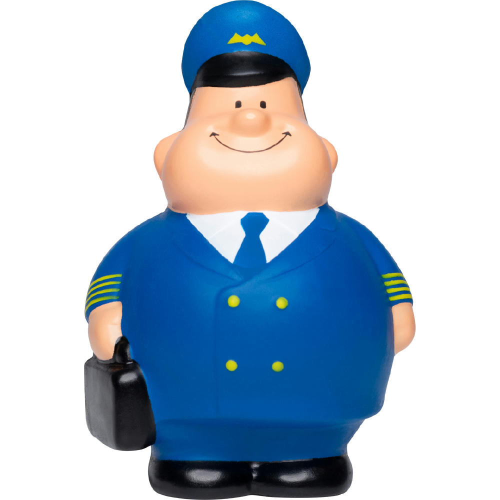 Product image Pilot Bert in blauer Uniform mit Mütze und Pilotenkoffer – Anti-Stress-Figur zum Bedrucken für Luftfahrt und Reisen