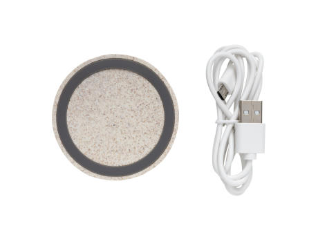 Rundes 5W Charging Pad aus Weizenstroh Werbeartikel