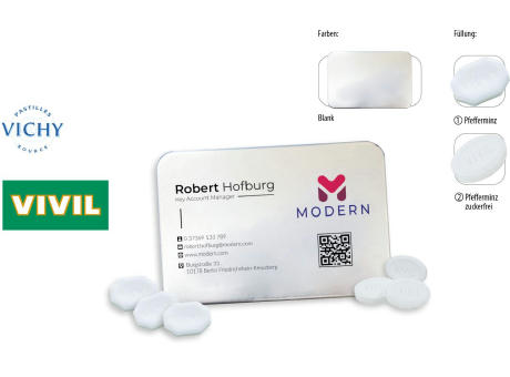 Visitbox, blank 27 g, Inhalt: VIVIL Extra Strong, zuckerfrei (Dose) bedrucken