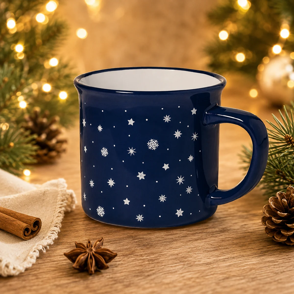 Dunkelblaue Weihnachtstasse mit weißen Schneeflocken und Sternen als winterliches Werbegeschenk