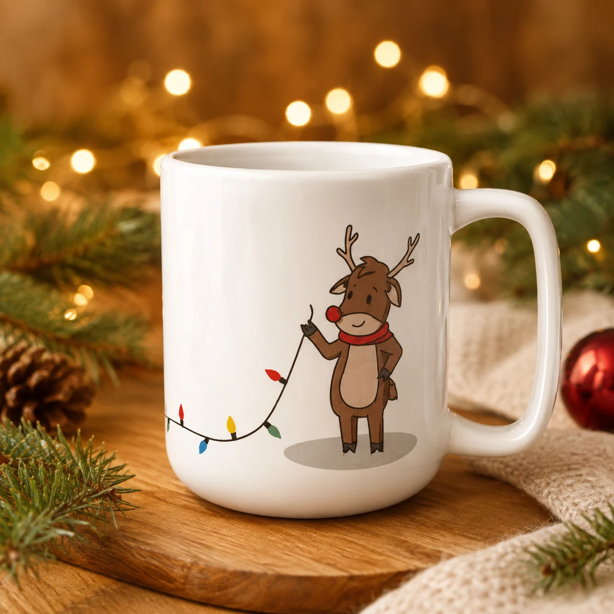 Weiße Keramiktasse mit Rentier und Lichterkette als weihnachtlicher Werbeartikel für Kunden und Mitarbeiter
