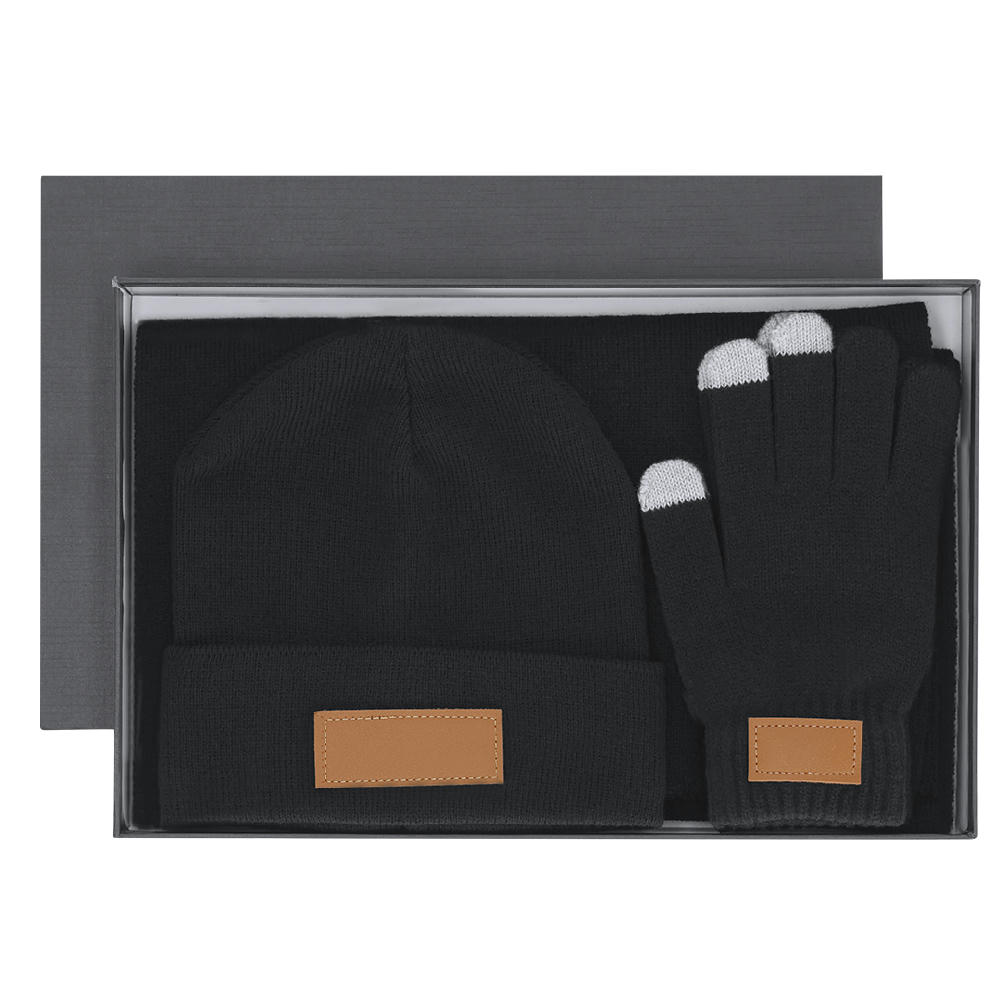 Schwarzes Winter-Set Hibbert mit Mütze, Schal und Touch-Handschuhen in Geschenkbox – Set zum Bedrucken