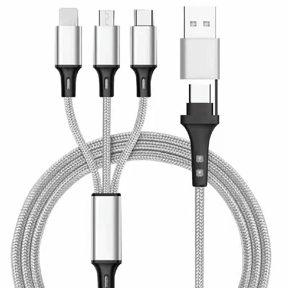 5in1 Ladekabel Nylon mit USB-A und TYP-C Kombistecker für Micro, TYP-C und Lightning 120cm Blau Werbeartikel