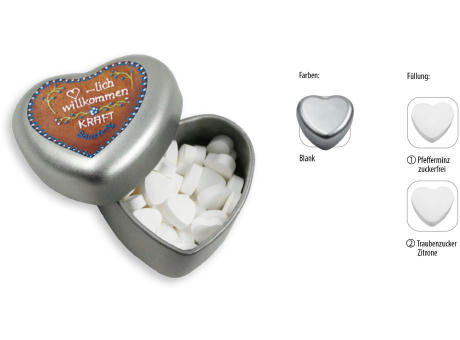 Herzdose, blank 18 g, Inhalt: Pfefferminz Herzen zuckerfrei Werbeartikel