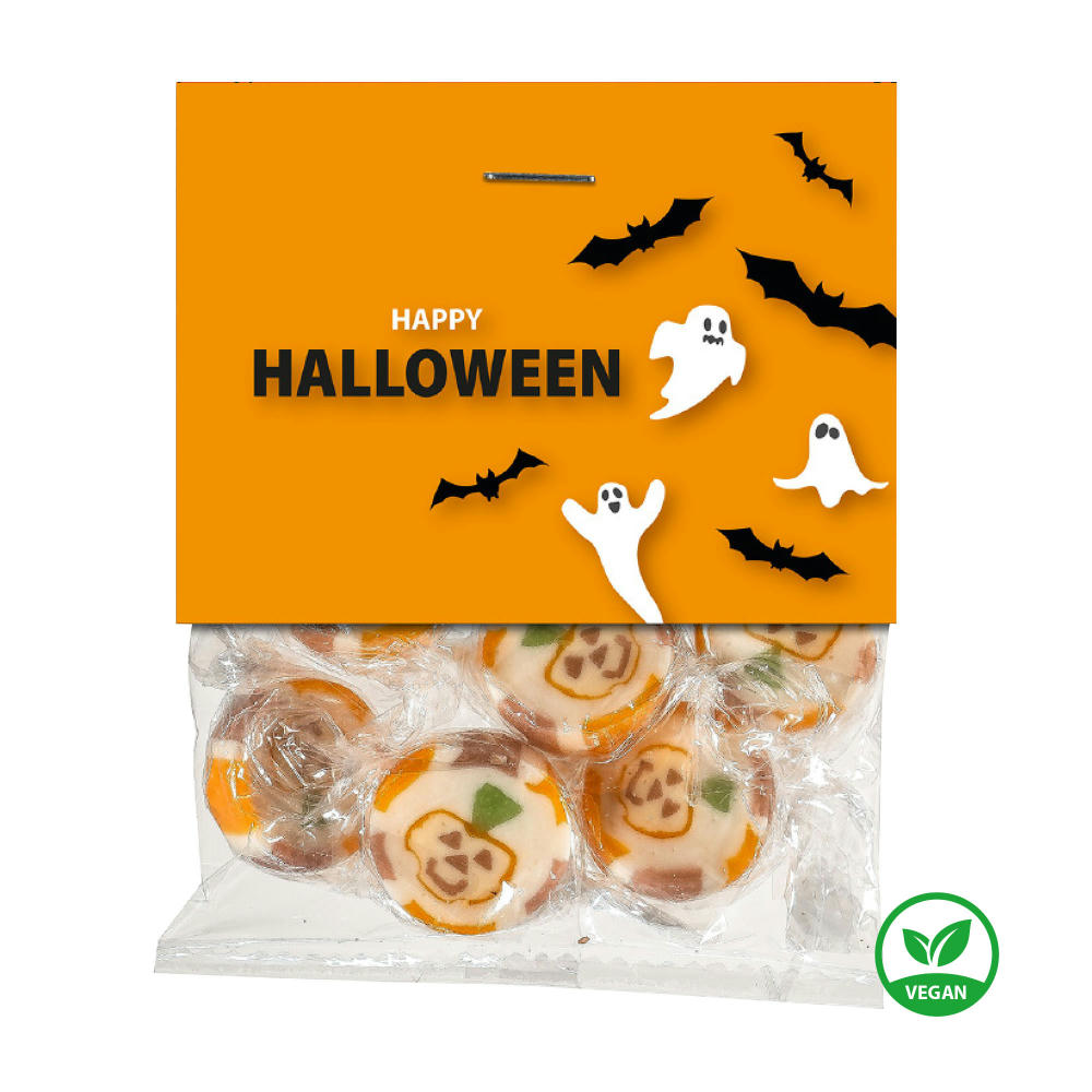 Product image Sweet Halloween No. 2 Folientütchen mit Gespenster-Reiter und veganen Kürbis-Bonbons mit Firmenlogo bedruckt