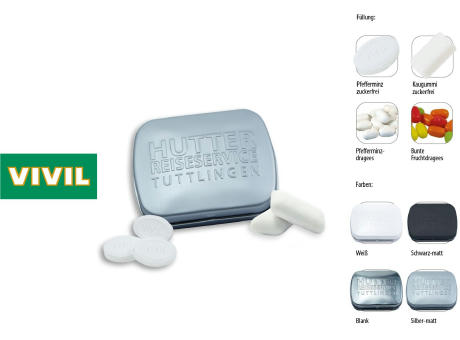 Klapp-Dose-59 geprägt, silber-matt 20 g, Inhalt: VIVIL Extra Strong, zuckerfrei (Dose) bedrucken