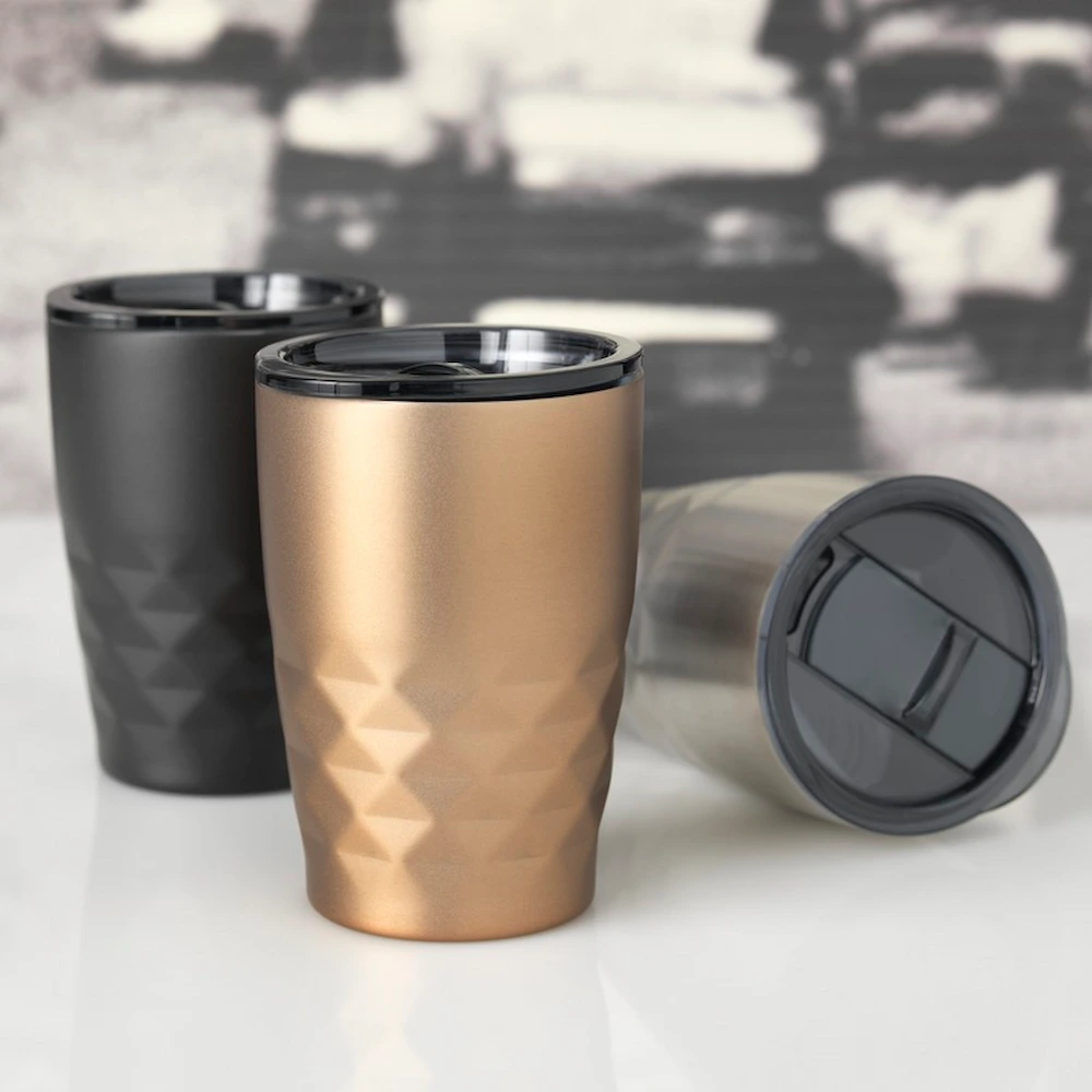 Geo Thermobecher 350 ml in drei Farben – Edelstahl Werbebecher mit Vakuumisolierung, ideal als Werbegeschenk