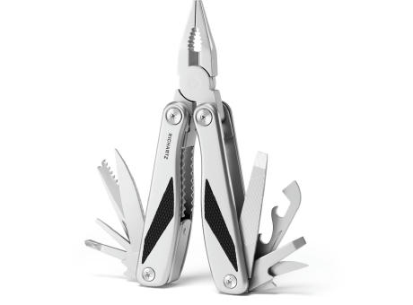 RICHARTZ GRIP tool: Multitool-Zange mit schwarzen Griffeinlagen und ausgeklappten Werkzeugen – Werbeartikel mit Logo