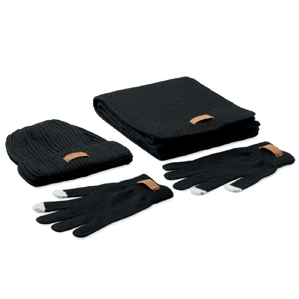 Product image Schwarzes Winter-Set aus Mütze, Schal und Touch-Handschuhen mit Lederlabels – Winterset mit Logo