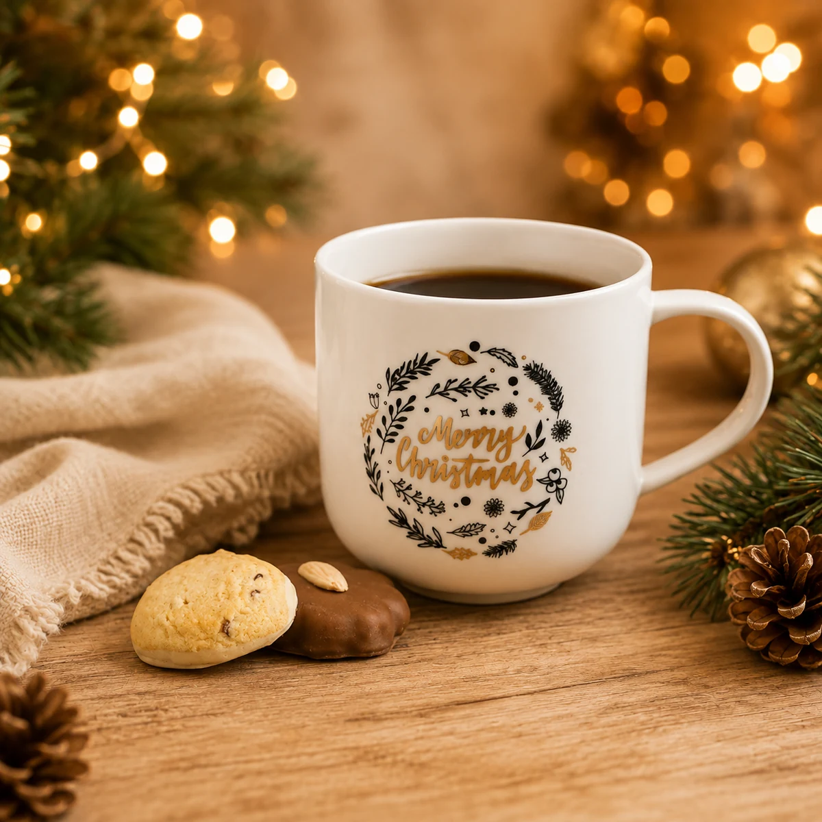 Weiße Keramiktasse mit Merry-Christmas-Motiv und Gebäck als weihnachtliches Werbegeschenk