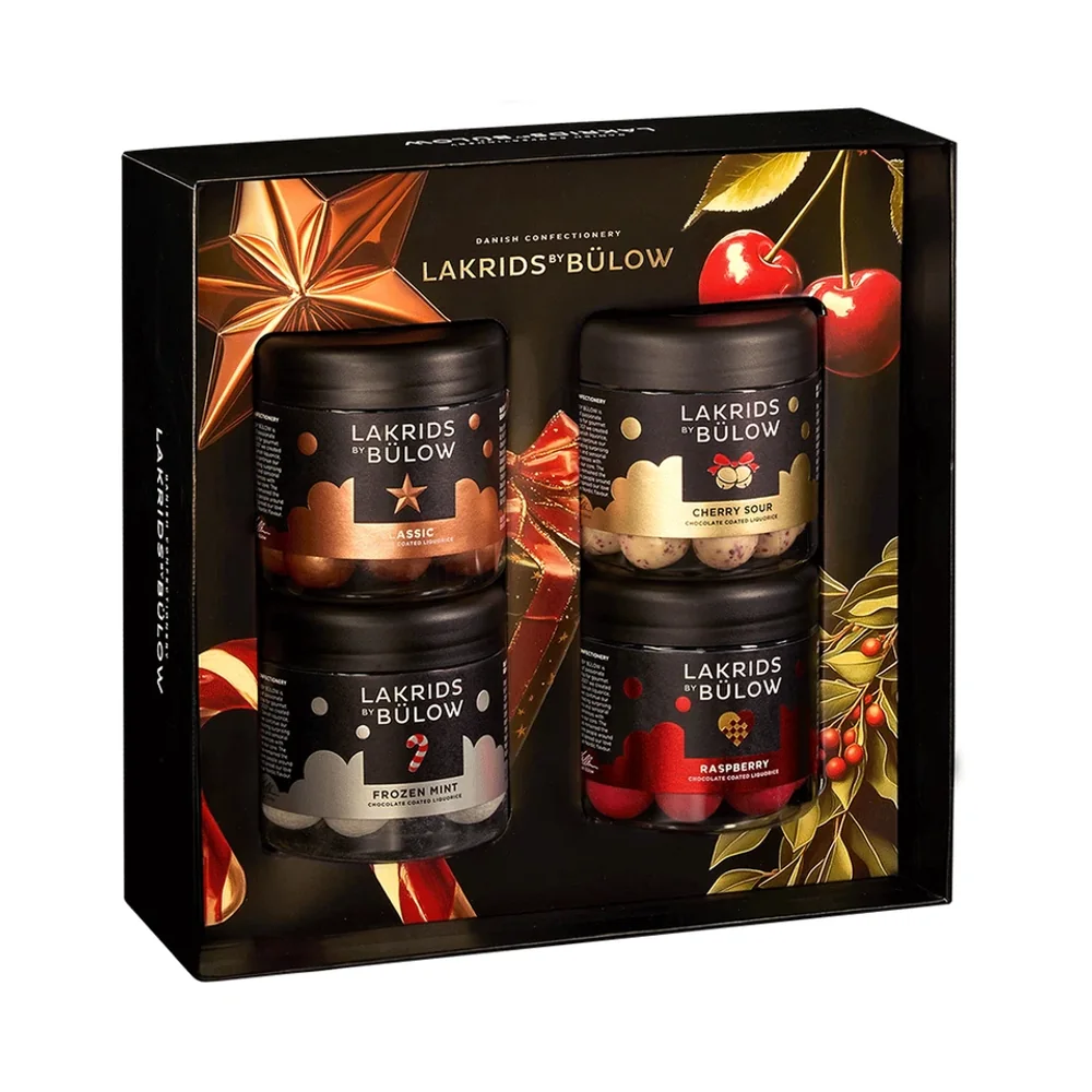 Lakrids by Bülow Black Box Winter mit vier Small-Dosen der Wintersorten – Lakritz Geschenkbox