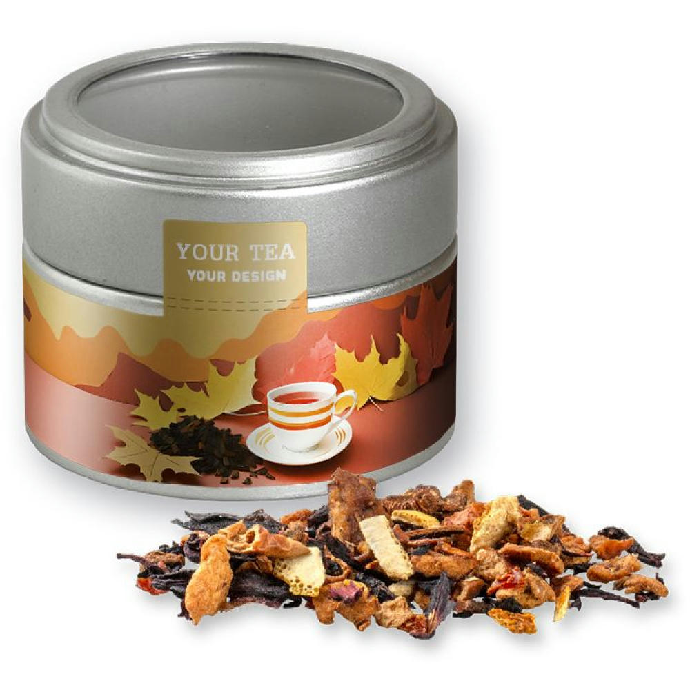 Product image Omas Bratäpfelchen Tee, ca. 30g, Metalldose Mini mit Sichtfenster silber Werbeartikel