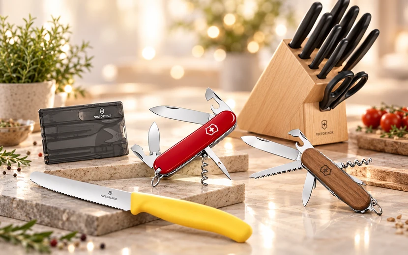 Victorinox Taschenmesser, Swiss Card und Küchenmesser als hochwertige Marken-Werbeartikel auf einem eleganten Tisch.