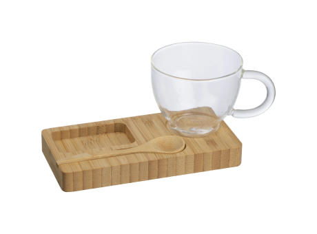 Servierbrett mit Bambuslöffel und Glastasse, 150ml bedrucken