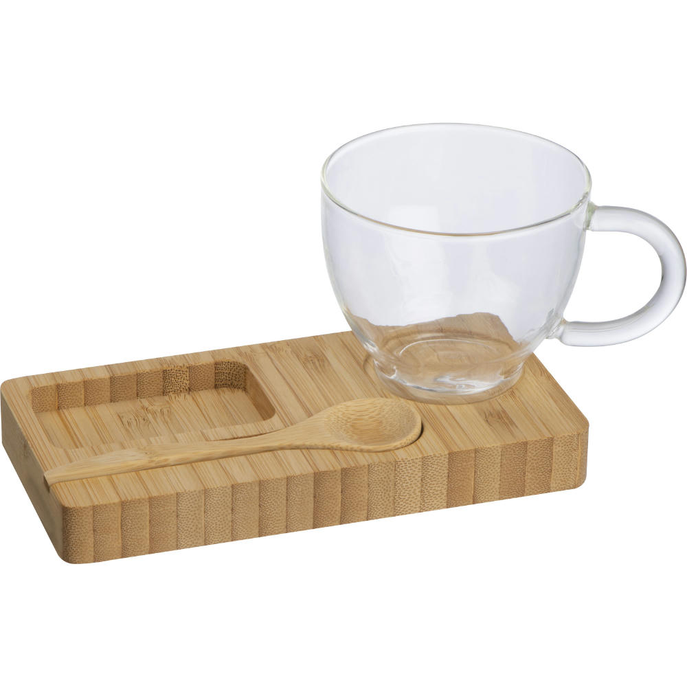 Product image Servierbrett mit Bambuslöffel und Glastasse, 150ml Werbeartikel