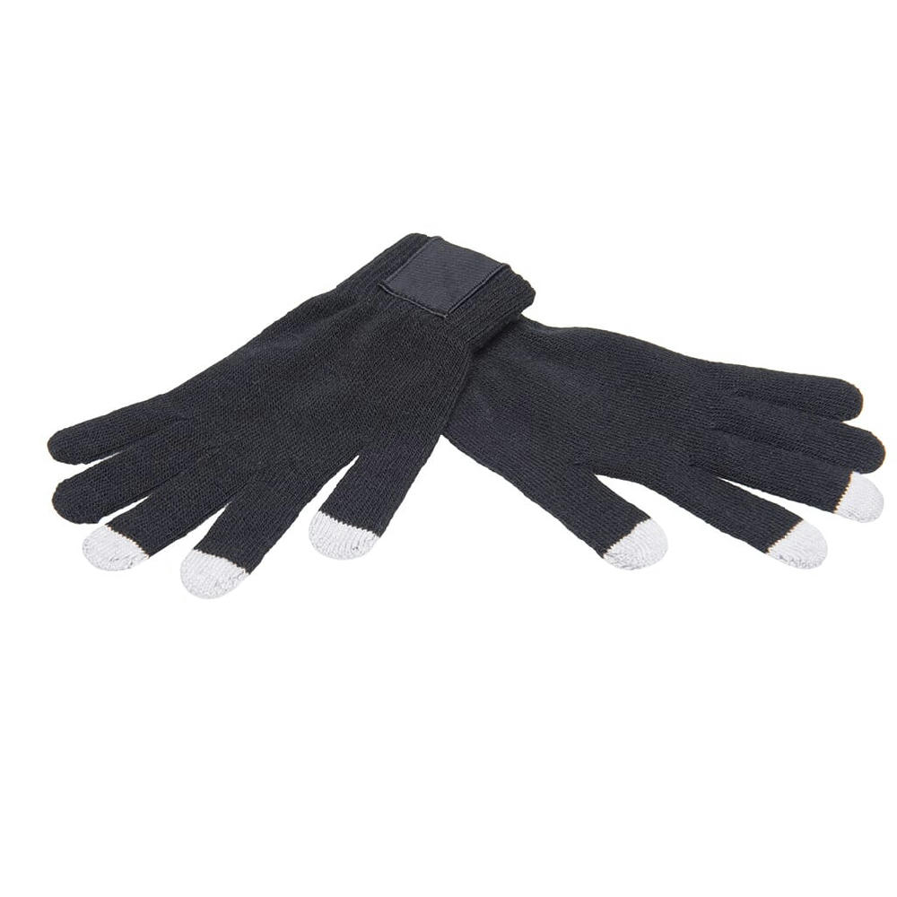Dunkelblaue Promo-Touchscreen-Handschuhe mit Label und weißen Touch-Fingerspitzen – als Werbeartikel