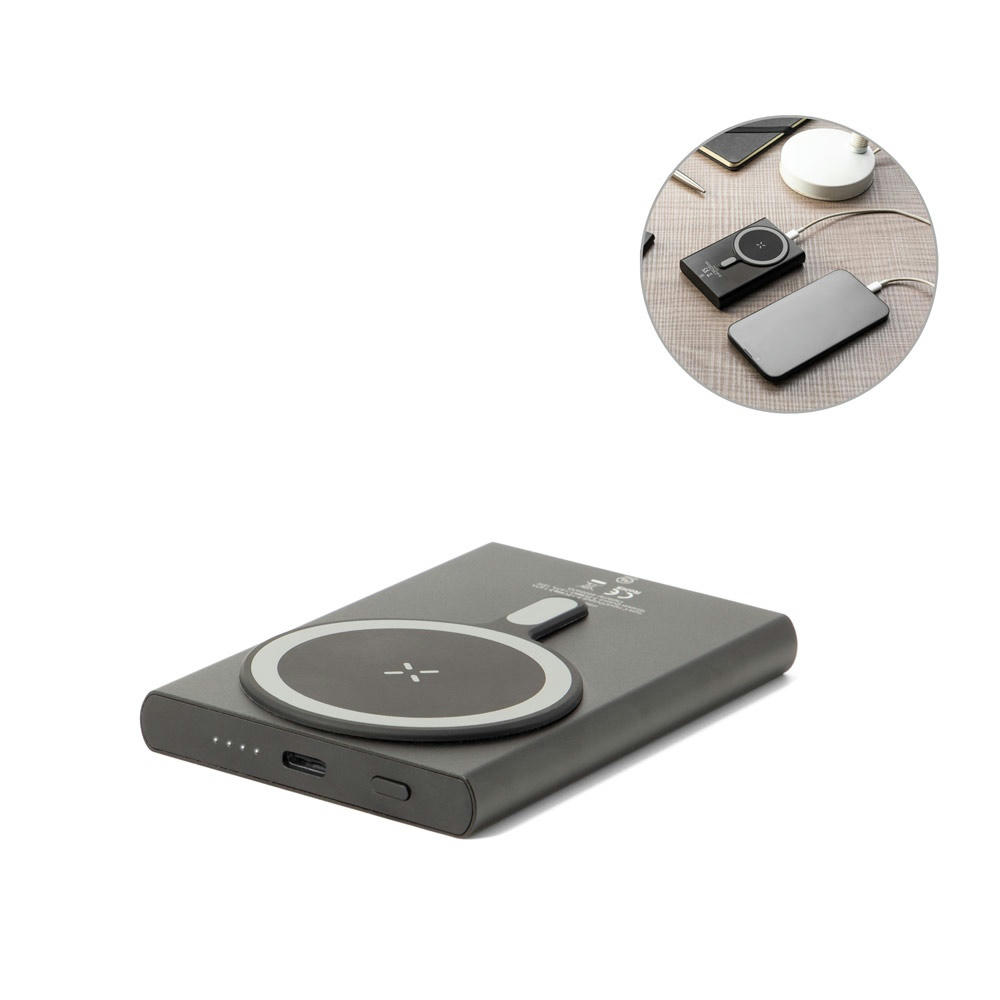 WRIGHT 5. Magnetische Powerbank mit Schnellladefunktion aus recyceltem Aluminium und recyceltem ABS, 5'000 mAh Werbeartikel