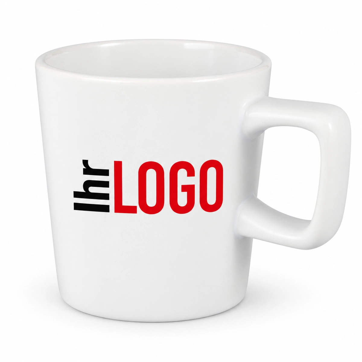 Weiße Ross 280 ml Keramiktasse mit „Ihr Logo“-Platzhalter als Werbeartikel für Unternehmen.