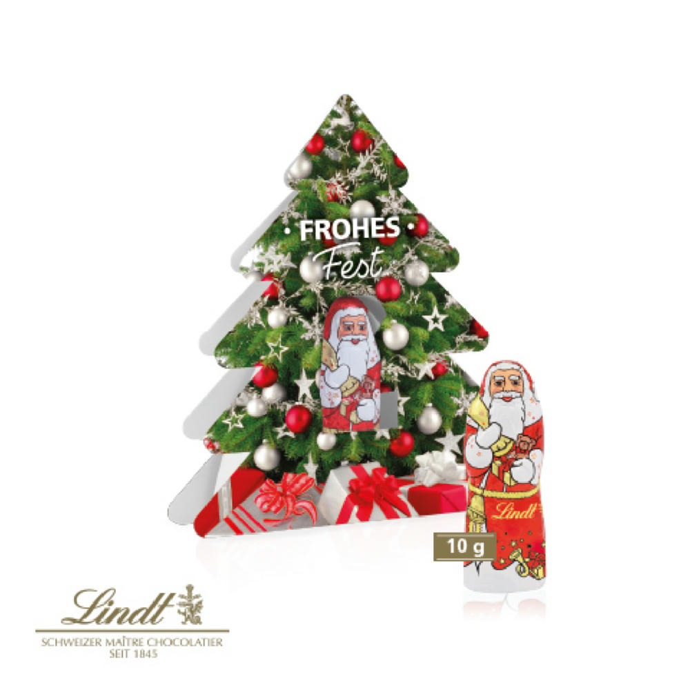 Product image Lindt Schoko-Weihnachtsmann 10g in individuell bedruckbarer Weihnachtsbaum-Geschenkverpackung mit Firmenlogo