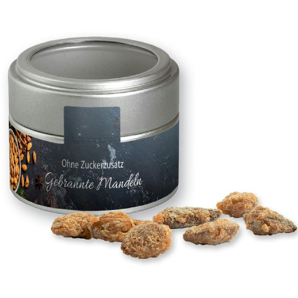 Feuergebrannte Mandeln ohne Zuckerzusatz, ca. 60g, Metalldose Mini mit Sichtfenster silber Werbeartikel