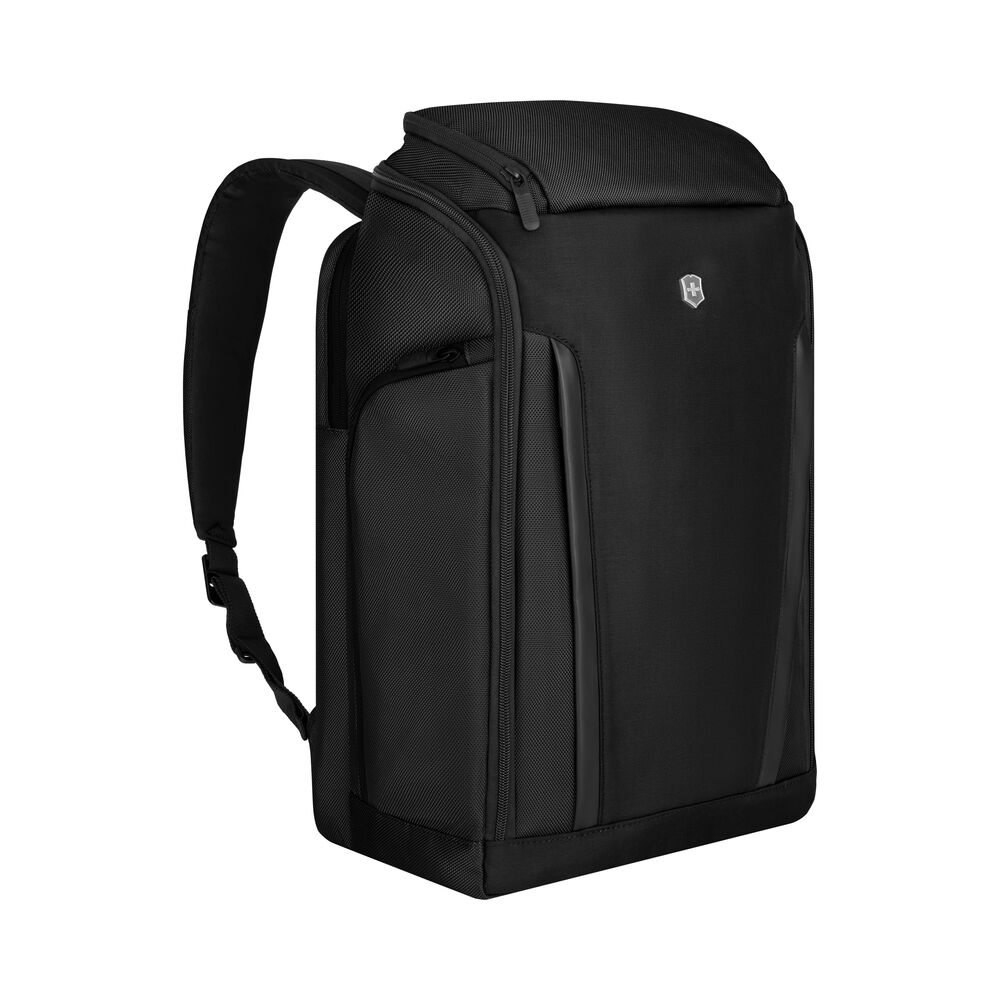 Victorinox Altmont Professional Fliptop Laptop Backpack Essential Organizer Black Seitenansicht, ergonomischer Laptop Rucksack mit schlankem Profil und funktionalen Seitentaschen, ideal als Werbeartikel mit Logo für Business und Mobilität.