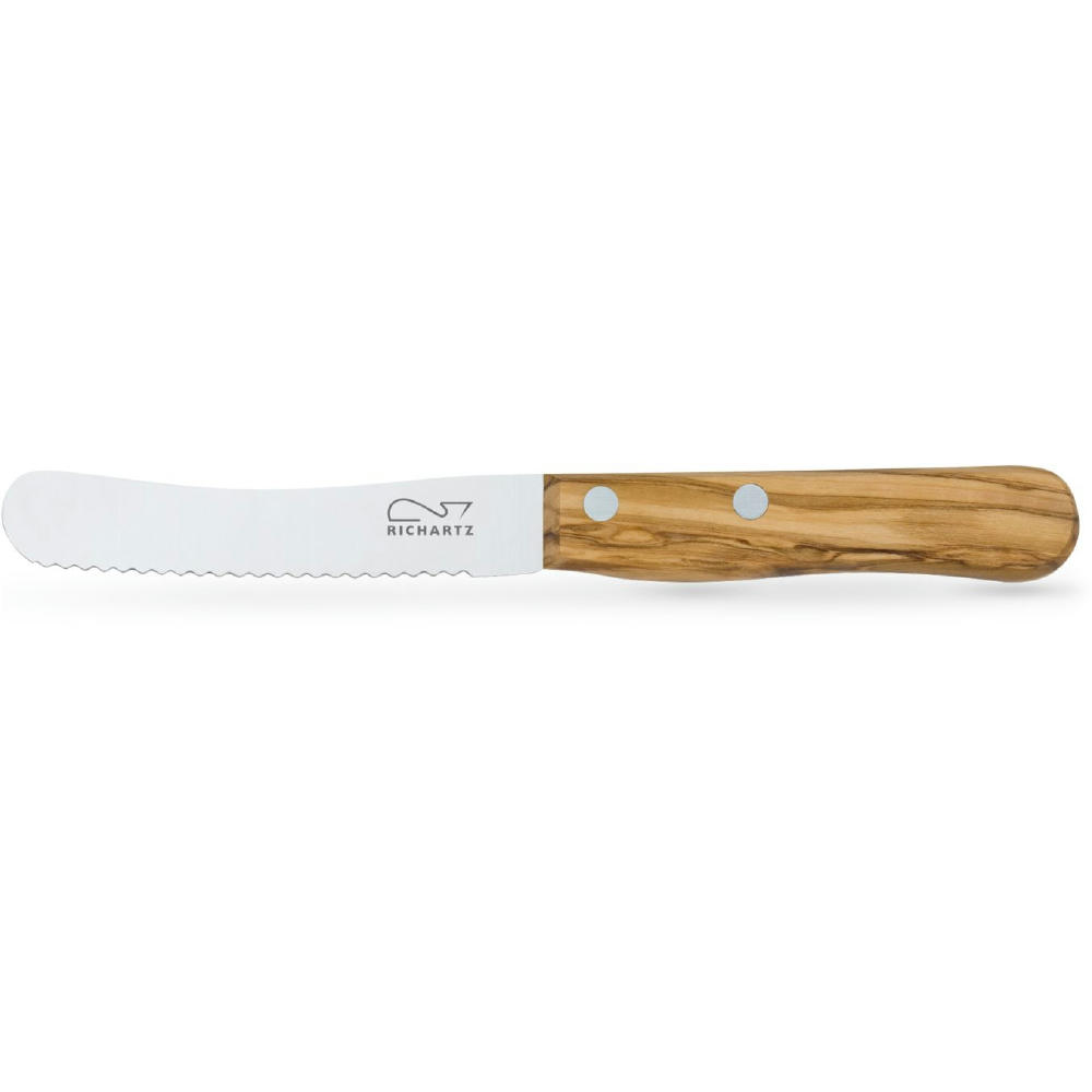 RICHARTZ Frühstück olive: Frühstücksmesser mit Wellenschliff und Olivenholzgriff – Messer mit Gravur Ihres Logos