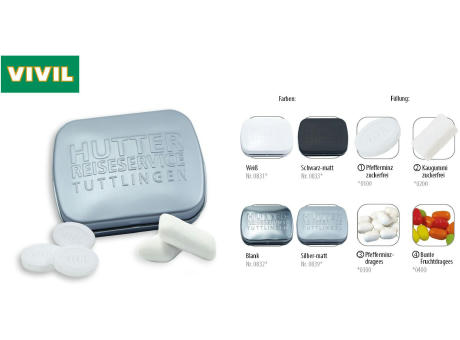 Klapp-Dose-59 geprägt, silber-matt 20 g, Inhalt: VIVIL Extra Strong, zuckerfrei (Dose) Werbeartikel