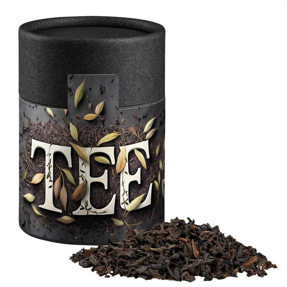 Product image Schwarztee, ca. 35g, Kraftpapierdose Midi schwarz Werbeartikel