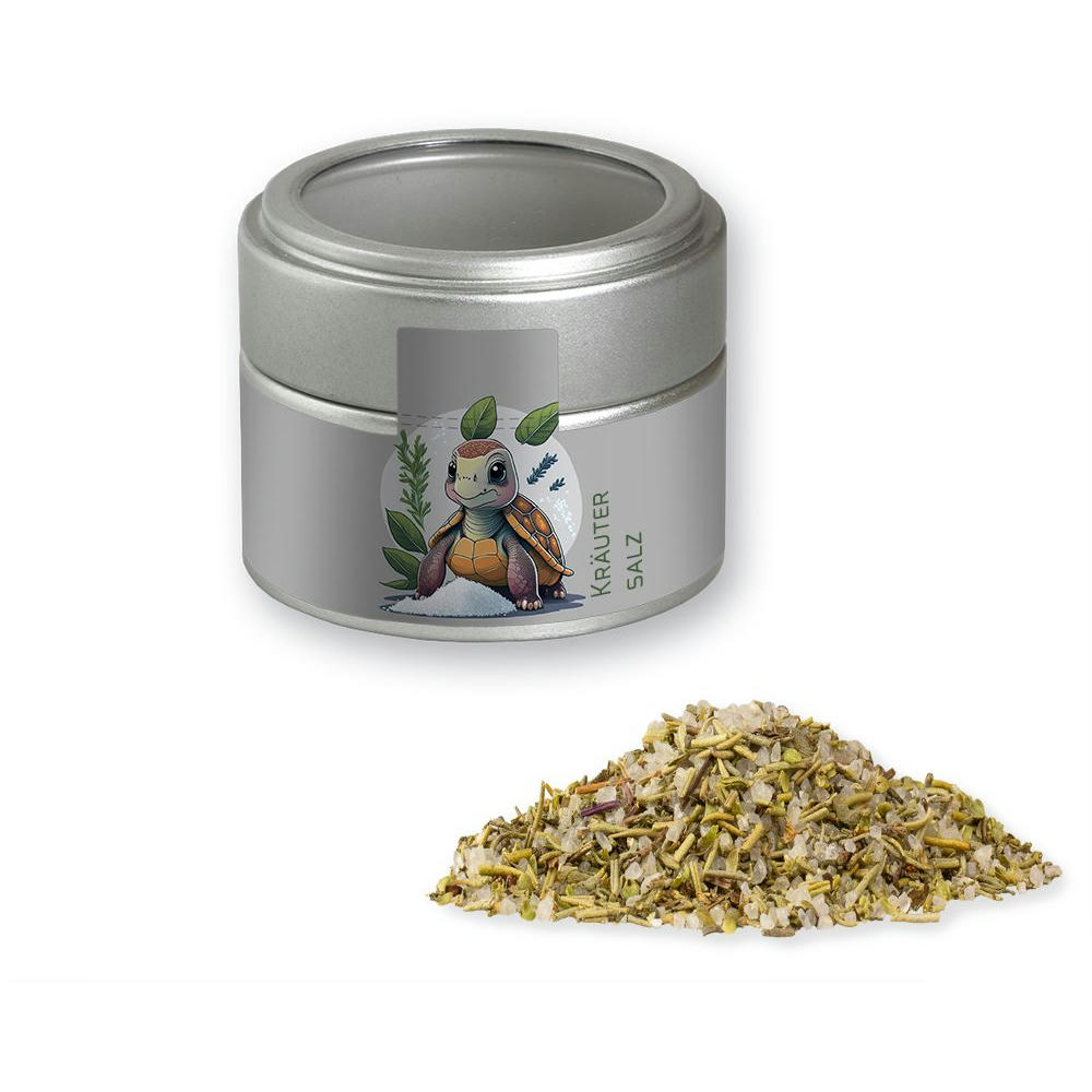 Product image Gewürzmischung Kräutersalz, ca. 75g, Metalldose Mini mit Sichtfenster silber Werbeartikel