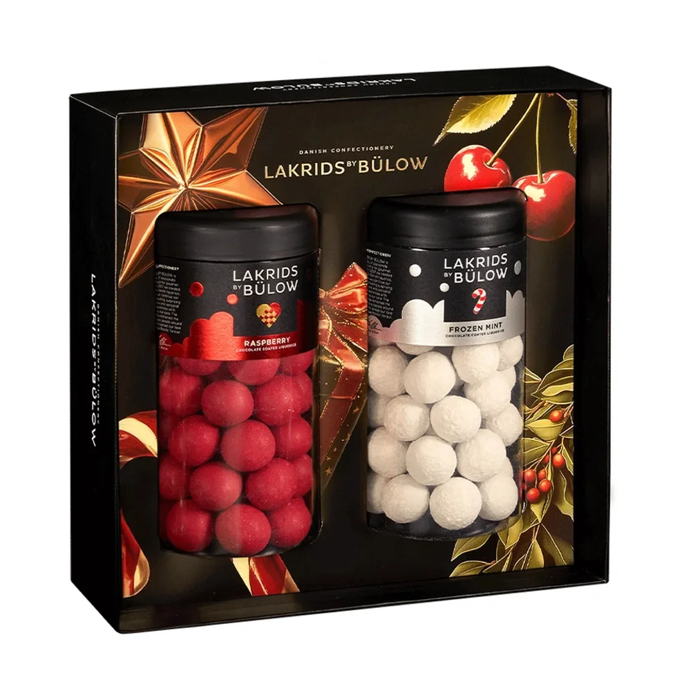 Lakrids by Bülow Black Box mit roten und weißen Kugeln in zwei Regular-Dosen – Lakritz Geschenkbox