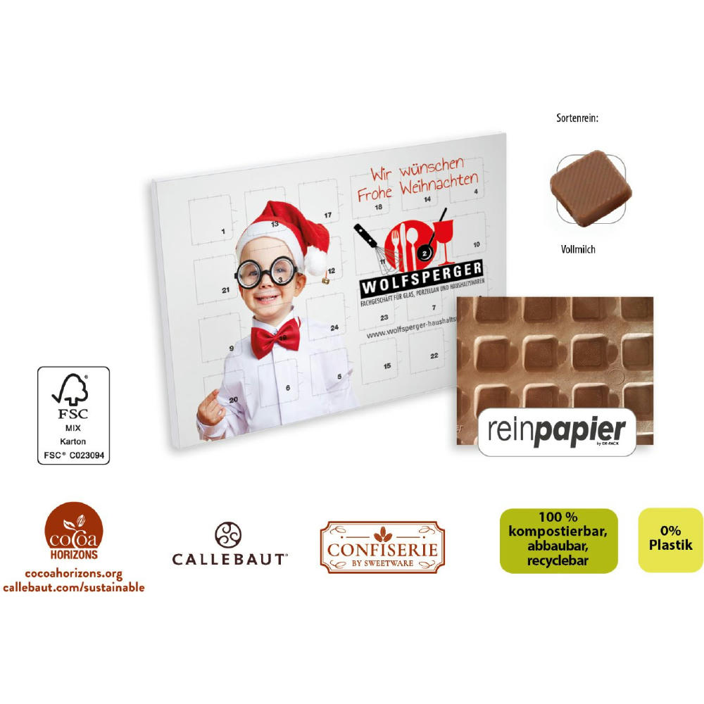 Product image Nachhaltiger Tisch-Adventskalender aus Reinpapier mit Logo bedruckt, 0 Prozent Plastik, gefüllt mit 48g Callebaut Vollmilch Schokolade