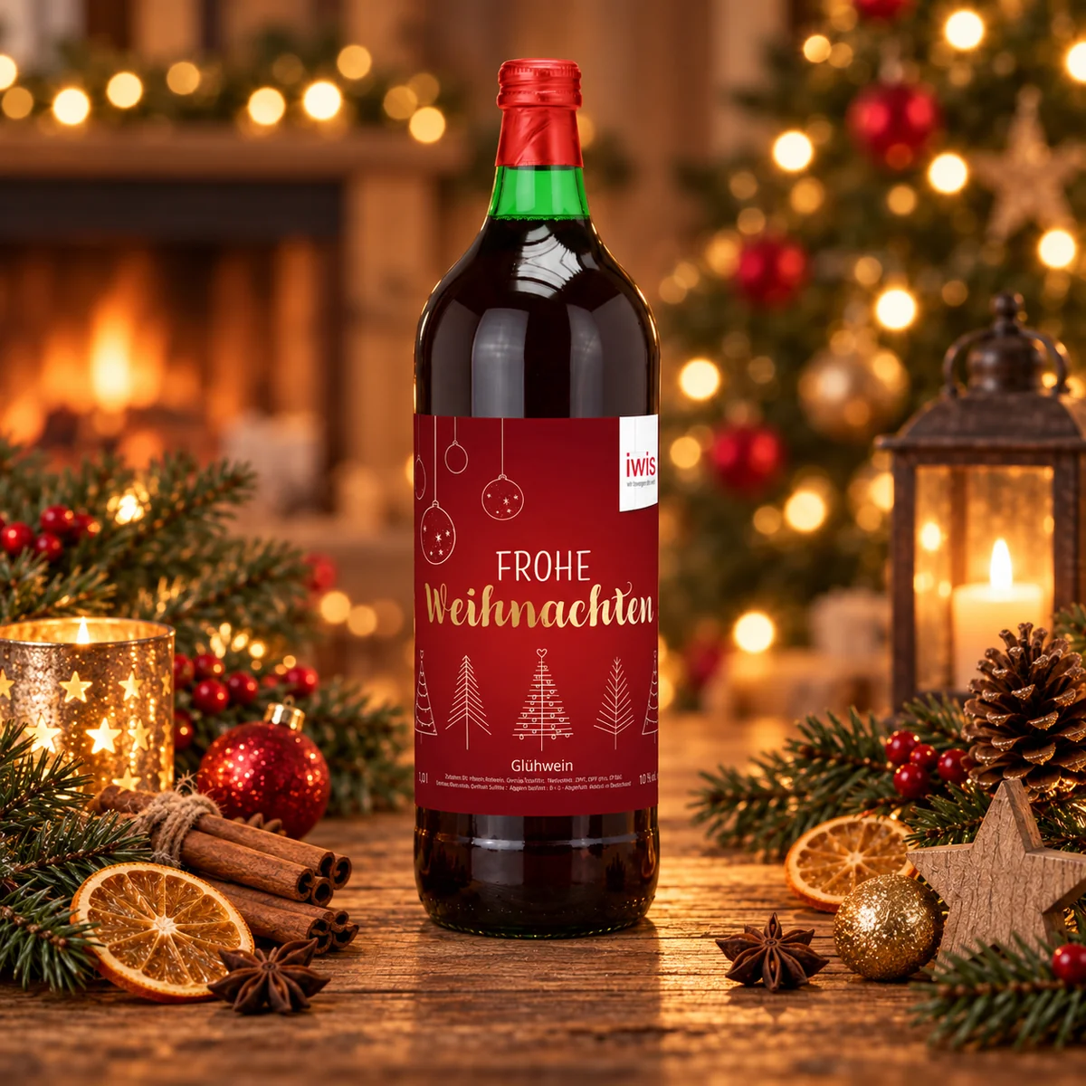 Glühweinflasche 1 Liter mit individuellem Firmenetikett als personalisierbares Weihnachtsgeschenk